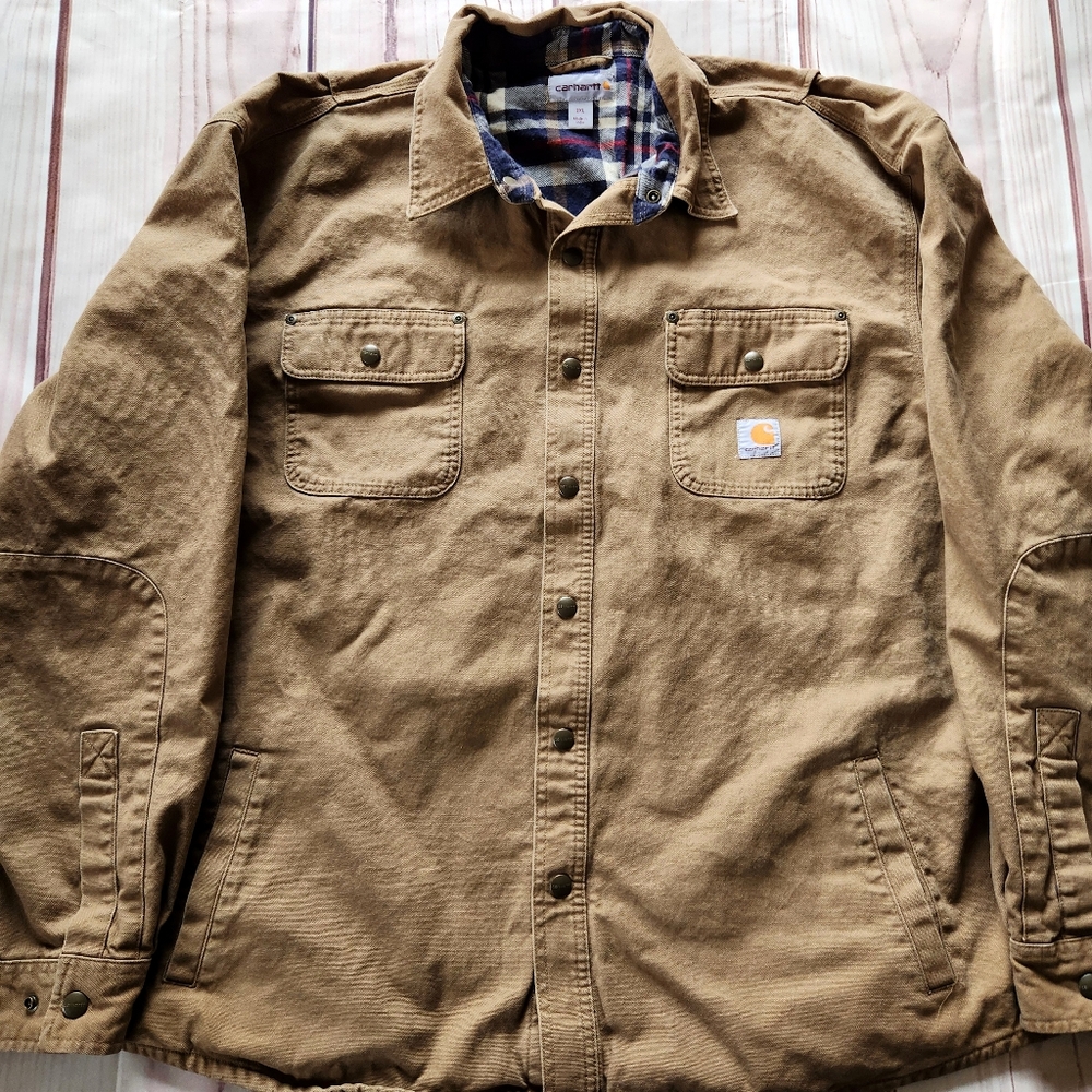 Carhartt "Weathered Canvas Shirt Jac" Flannel-lined Shacket Tan | Men's Size 2XL - Picture 3 of 11